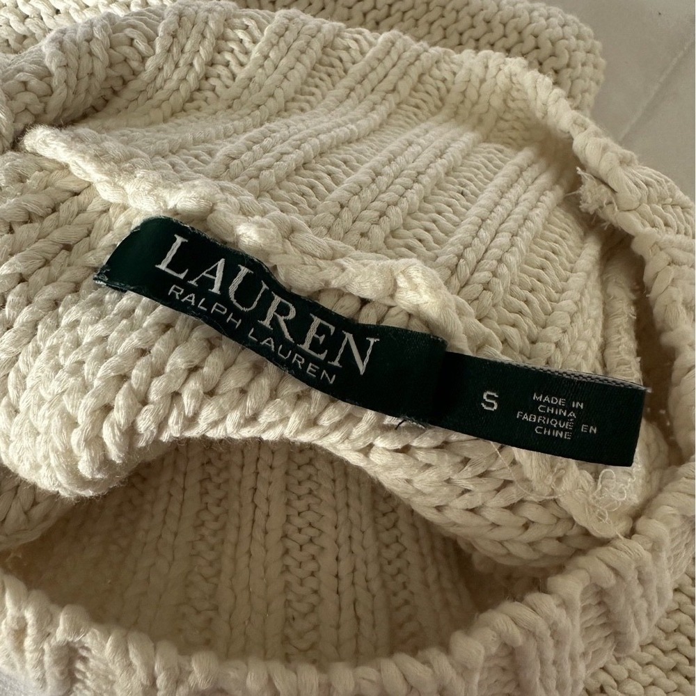 VINTAGE Ralph Lauren Cable Chunky Knit Turtleneck Sweater 3/4 Sleeve Ivory Small - Picture 2 of 7